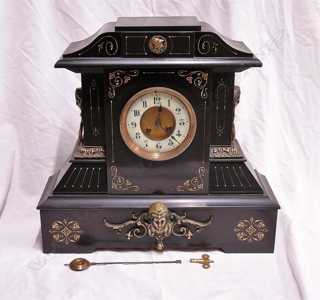 A late 19thC substantial American black slate/marble mantel clock Image 1++