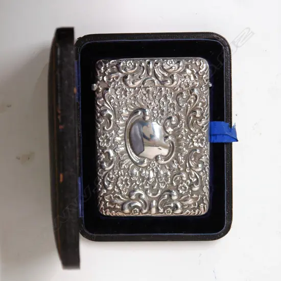An Edwardian silver embossed quality card case in original Morocco leather box