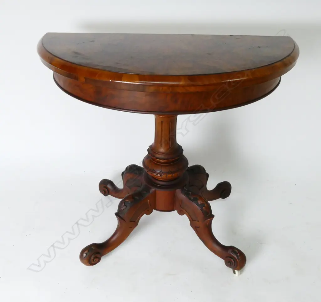 A good Victorian burr walnut demi-lune card table Image 1++