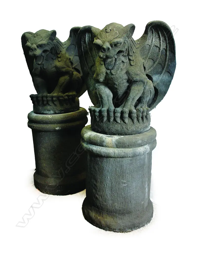 A pair of large seated gargoyles on plinths garden/house entrance sculptures Image 1++