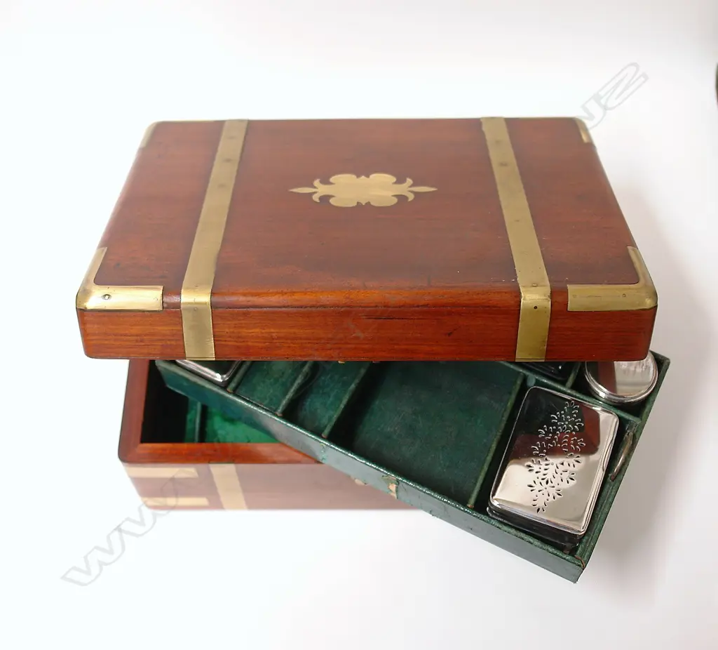 A quality Victorian mahogany brass bound travelling vanity box Image 1++