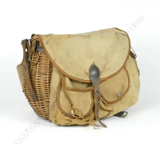 A rare vintage 16" Brady 'Conway' wicker fishing creel with canvas bag