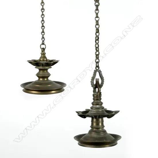 Two Indian bronze hanging oil lamps (thookku vilakku)
