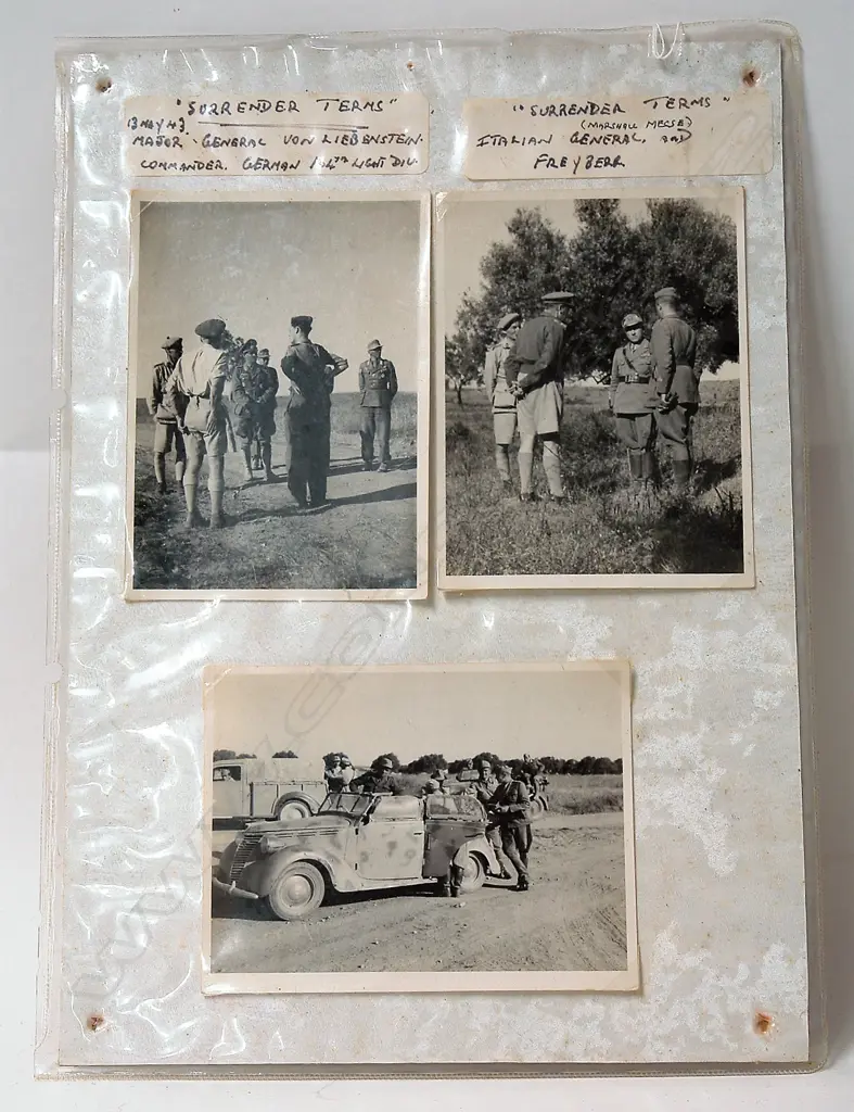 Three photographs of the surrender of German and Italian Generals to New Zealand General Freyberg in Tunisia Image 1++