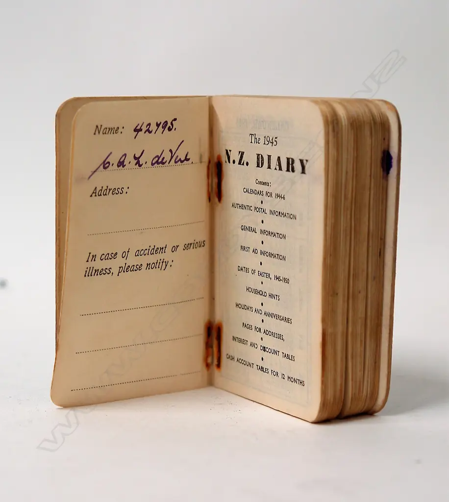 A WW2 pocket diary of 42795 Lieutenant Cuyler A.L. de Vere on the NZ Armoured Brigade / Anti-Tank Coy Image 1++