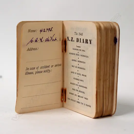 A WW2 pocket diary of 42795 Lieutenant Cuyler A.L. de Vere on the NZ Armoured Brigade / Anti-Tank Coy