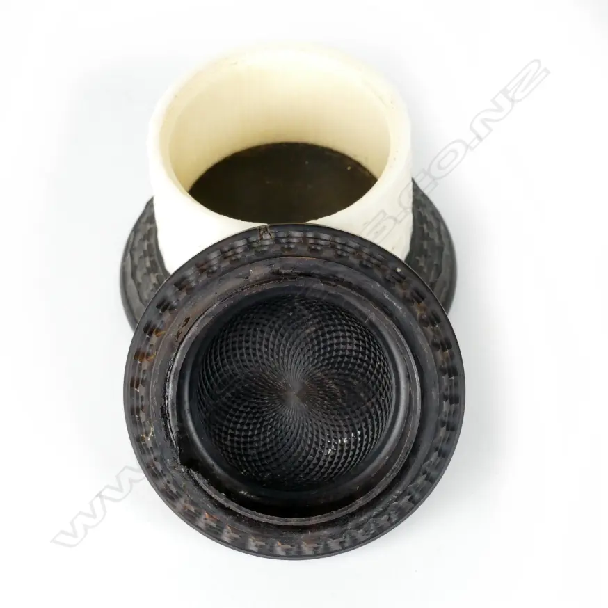 A small circular basket work ivory box with wood lid and base Image 1++