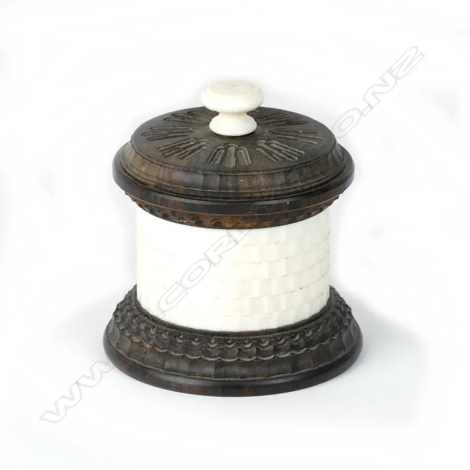 A small circular basket work ivory box with wood lid and base Image 1++