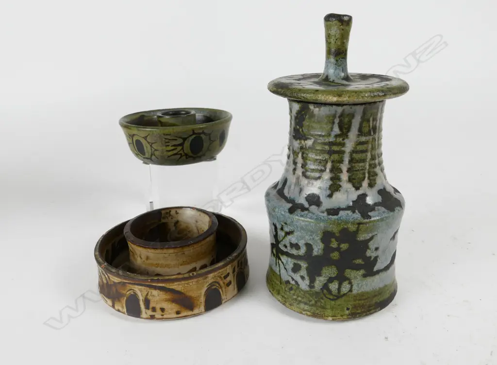 A Betty de Lange lidded jar and two candle stands Image 1++