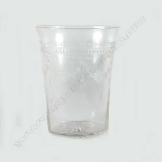 Nine Stuart etched crystal tumblers