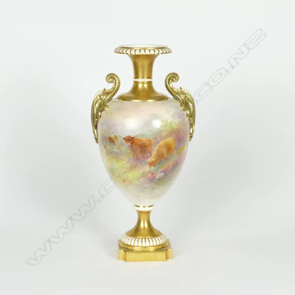 Royal Worcester Highland Cattle painted urn form vase by H. Stinton Image 1++