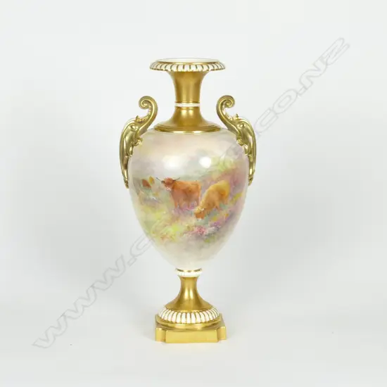 Royal Worcester Highland Cattle painted urn form vase by H. Stinton