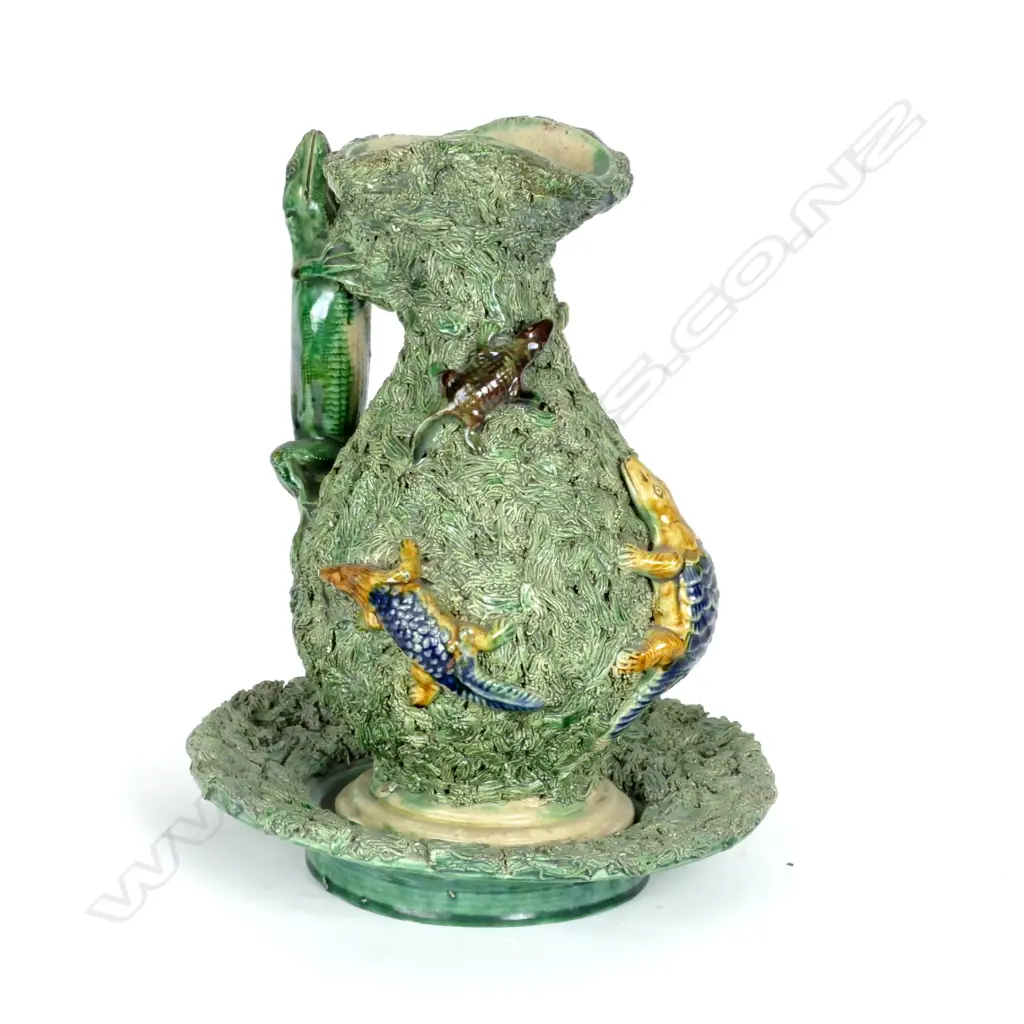 A Victorian 'Palissy Ware' jug in stand Image 1++