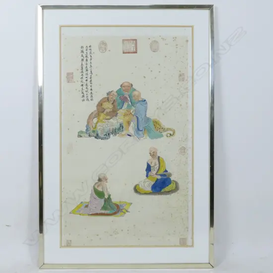 A decorative Chinese scroll painting of deities and arhats