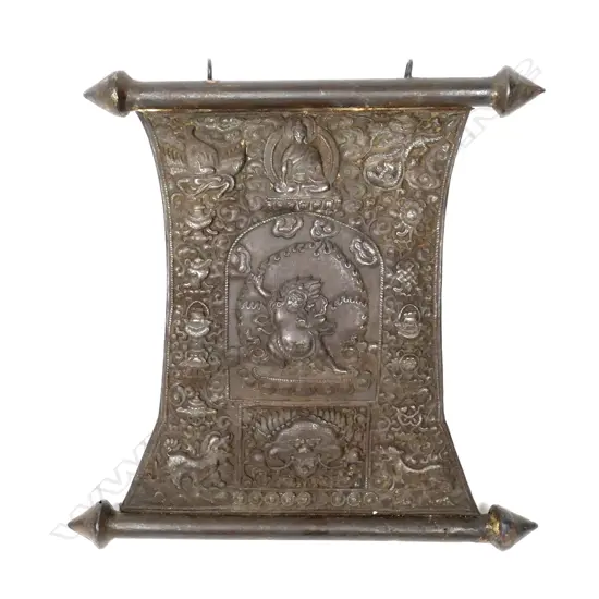 An unusual Tibetan thangka of repoussé metal work
