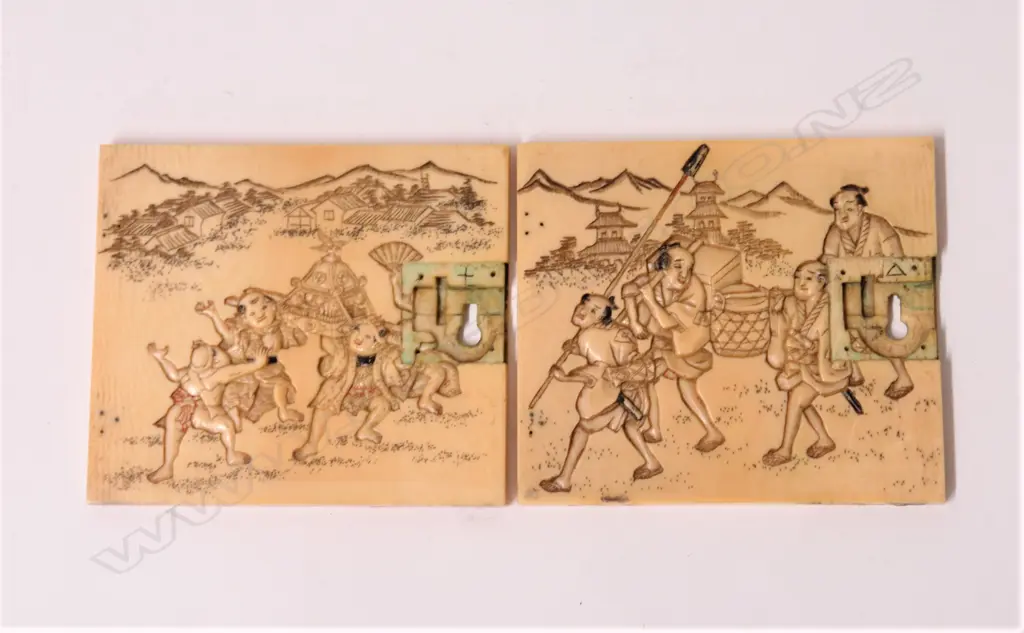 A pair of 19thC Japanese carved ivory door panels Image 1++