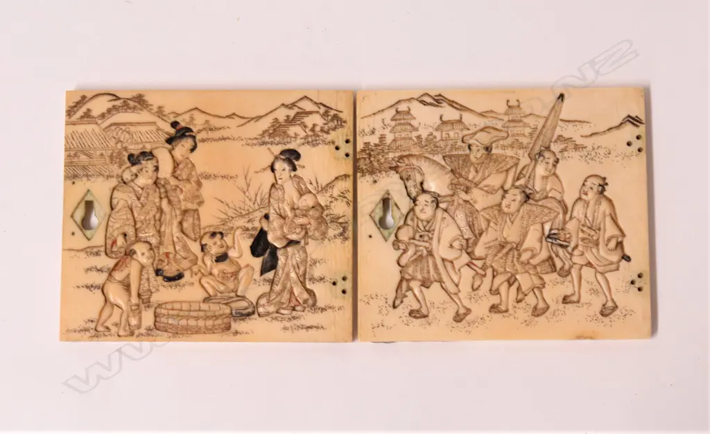 A pair of 19thC Japanese carved ivory door panels Image 1++