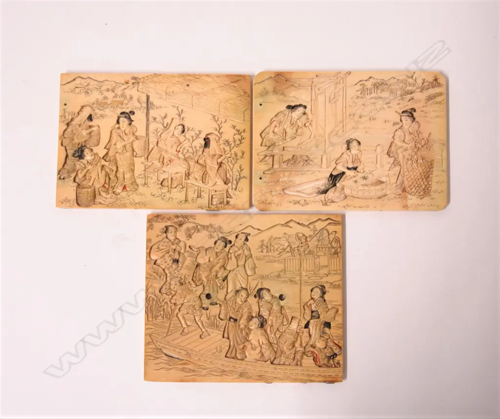 Three 19thC Japanese finely carved ivory panels Image 1++