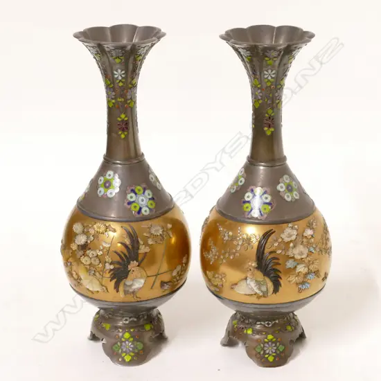 A pair of exceptional Japanese shibiyama and silver cloisonné vases
