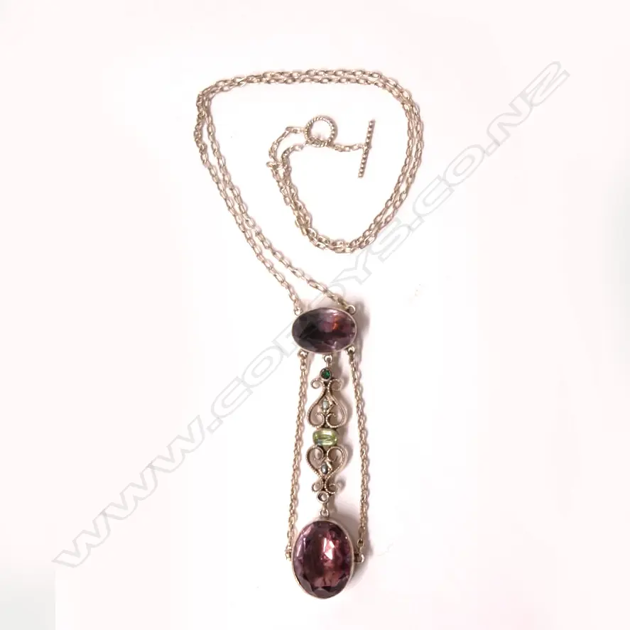 A vintage European silver amethyst tourmaline and seed pearl necklace Image 1++