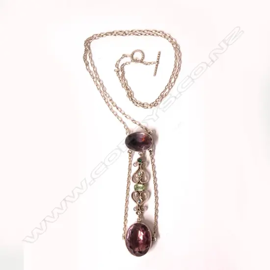 A vintage European silver amethyst tourmaline and seed pearl necklace