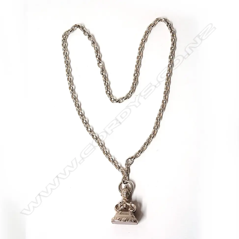 A decorative silver and agate gentleman's fob seal on silver chain Image 1++