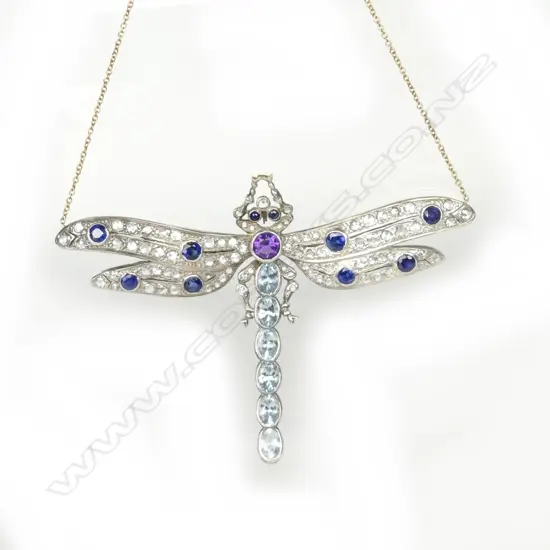 An impressive Art Nouveau-style gem set dragonfly pendant