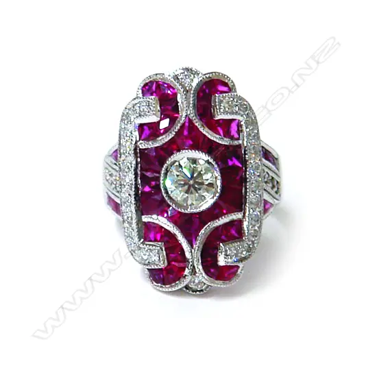 An impressive modern Art Deco-style 18ct. white gold ruby and diamond dress ring