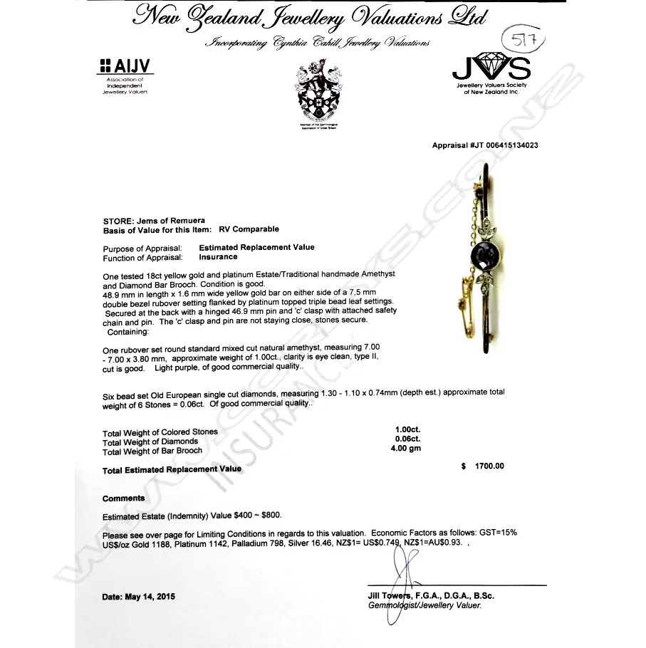 An estate 18ct. gold and platinum amethyst and diamond bar brooch Image 1++