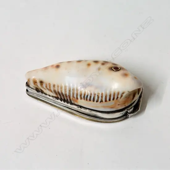 An early 19thC silver and cowrie shell snuff box