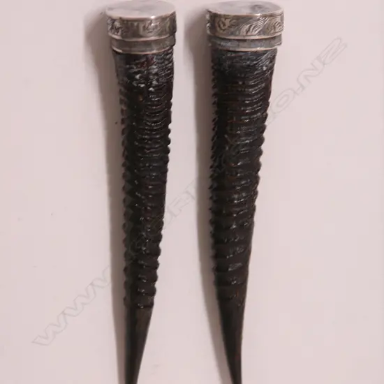 A pair of 19thC tapered small animal horn and silver mounted snuff receptacles