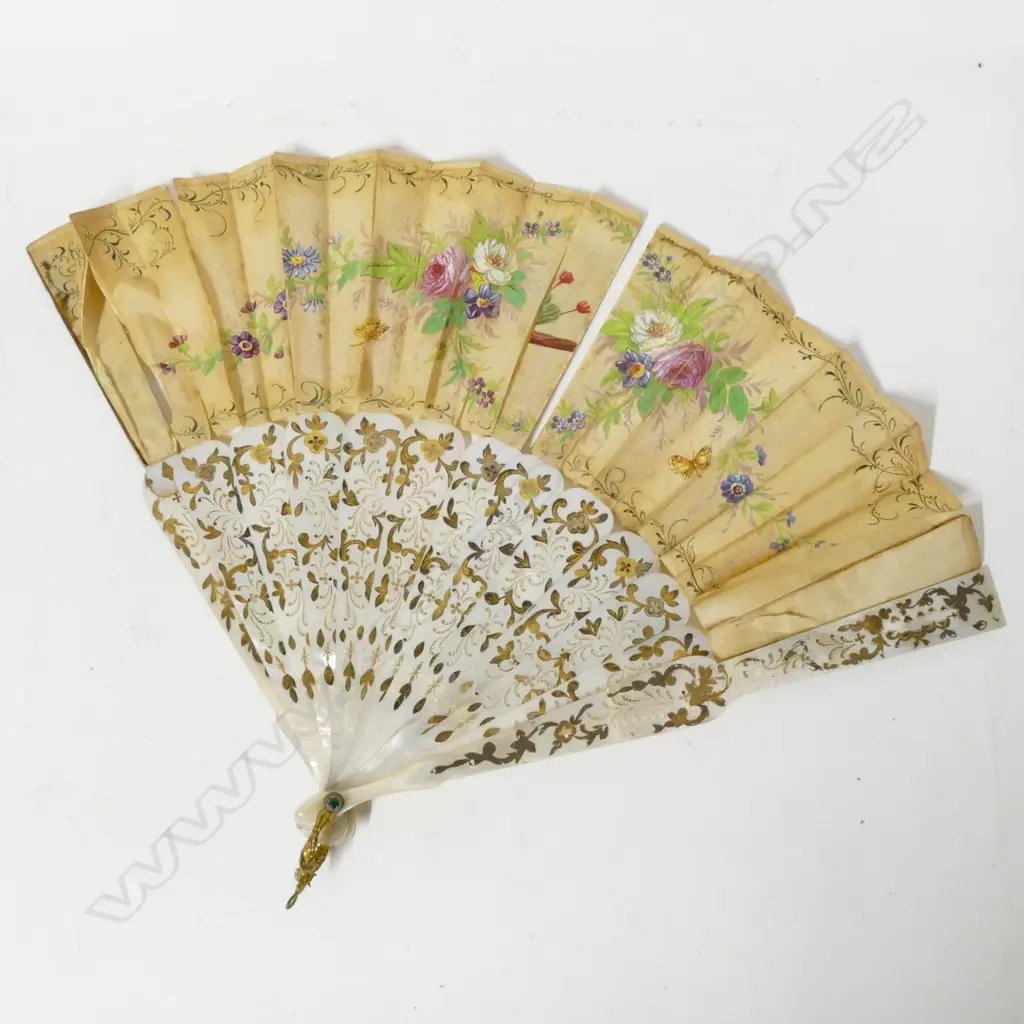 A 19th century mother of pearl and hand painted silk fan Image 1++