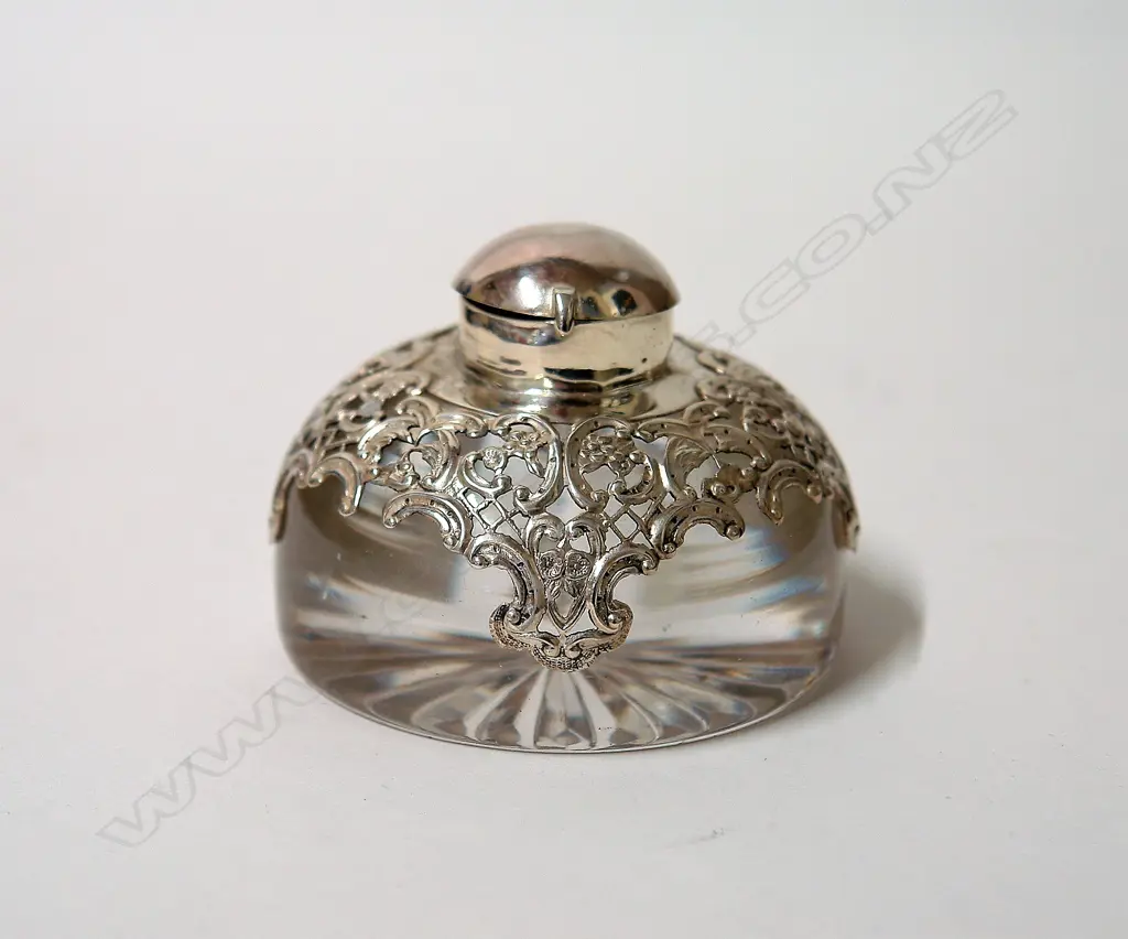A late Victorian silver mounted glass paperweight inkwell Image 1++