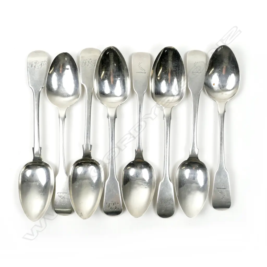 Eight fiddle pattern silver dessert spoons Image 1++