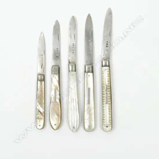 A collection of five mother-of-pearl and silver folding fruit knives