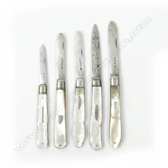 A collection of five mother-of-pearl and silver folding fruit knives