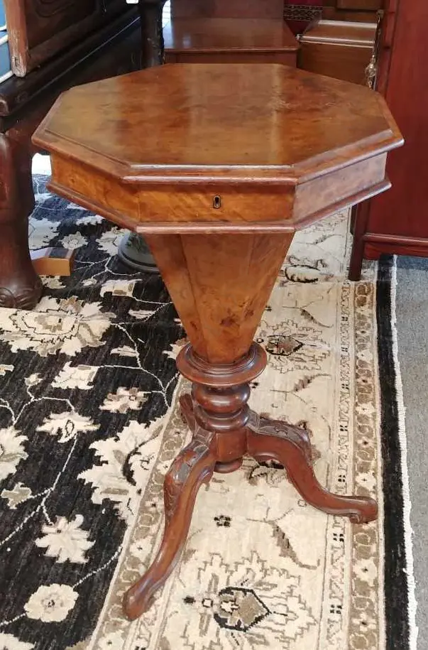 A Victorian figured walnut pedestal sewing table Image 1++