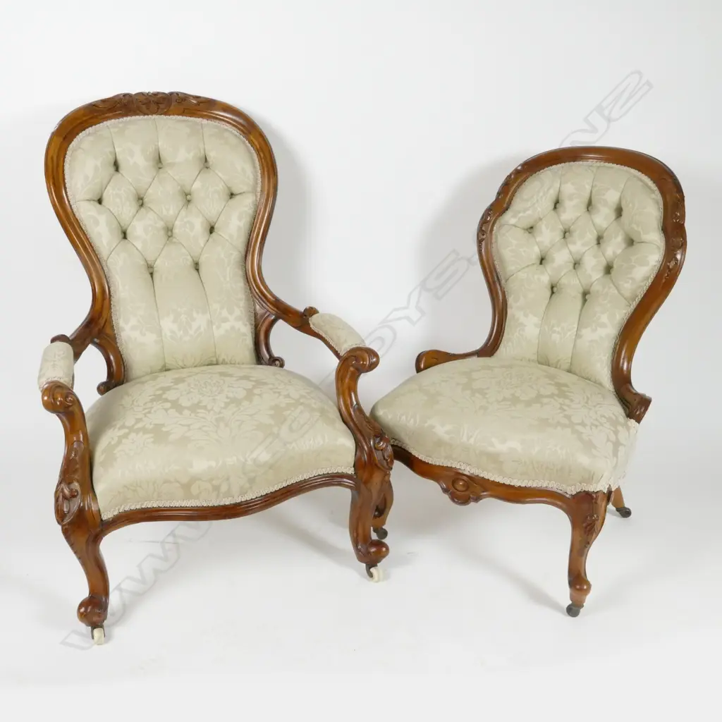 A Victorian walnut grandfather and grandmother chair Image 1++