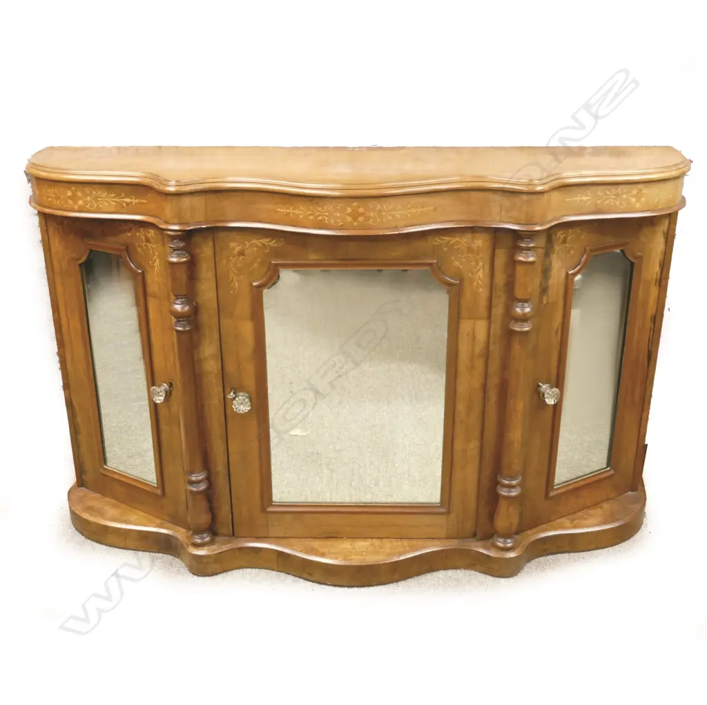 A Victorian walnut serpentine credenza with restrained classical inlay Image 1++