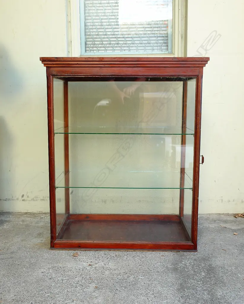 A colonial stained pine glazed shop counter cabinet Image 1++