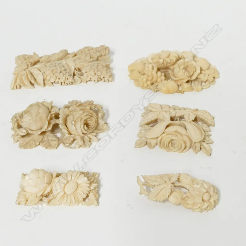 Six finely detailed late 19thC carved ivory brooches/plaques of floral form Image 1++