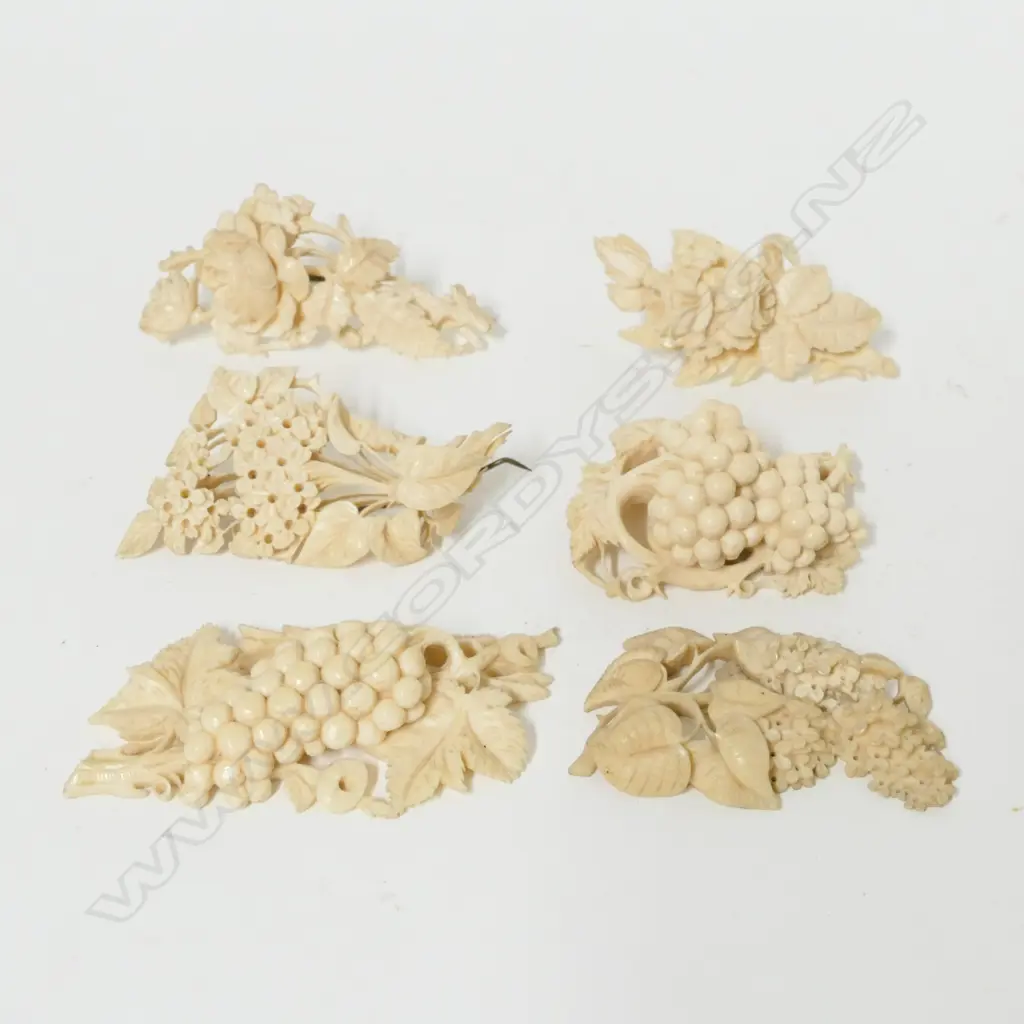 Six finely detailed late 19thC carved ivory brooches/plaques of floral form Image 1++