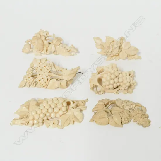 Six finely detailed late 19thC carved ivory brooches/plaques of floral form