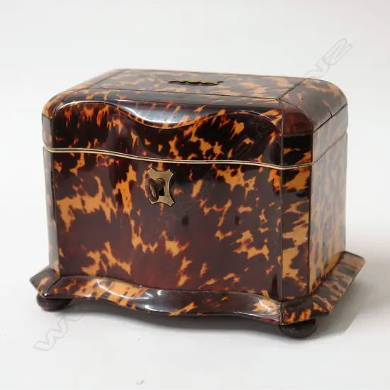 A good early Victorian tortoiseshell casket form tea caddy
