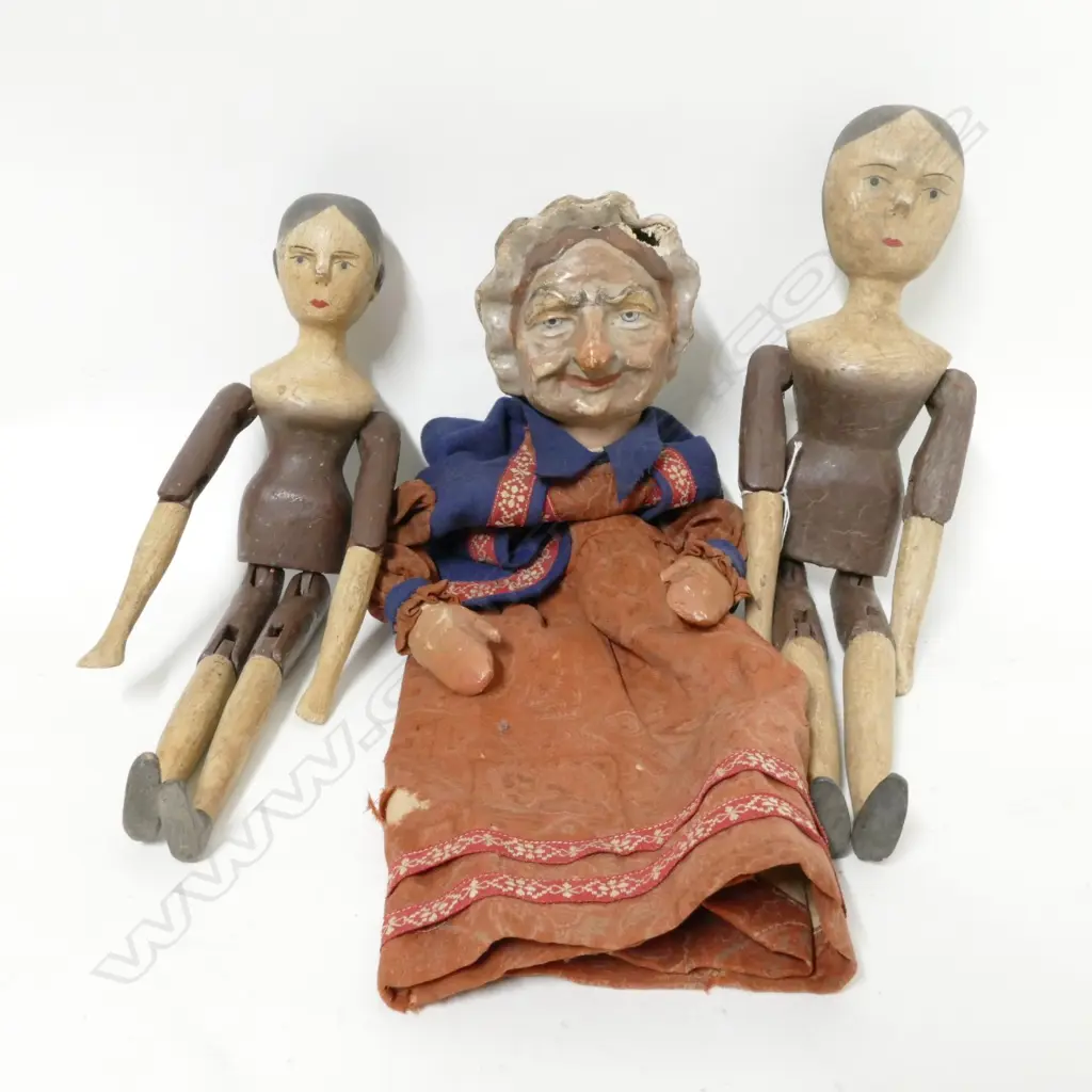 Two old wooden jointed dolls and a hand-held puppet Image 1++