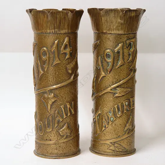 A pair of WWI decorated '1914 Souain' and '1917 Tahure' brass shell cases