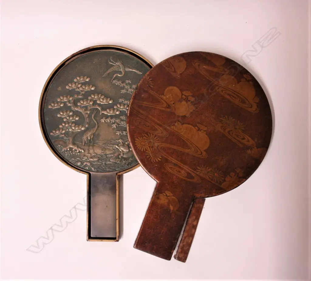 A 19thC Japanese Meiji bronze mirror in decorative lacquered case Image 1++