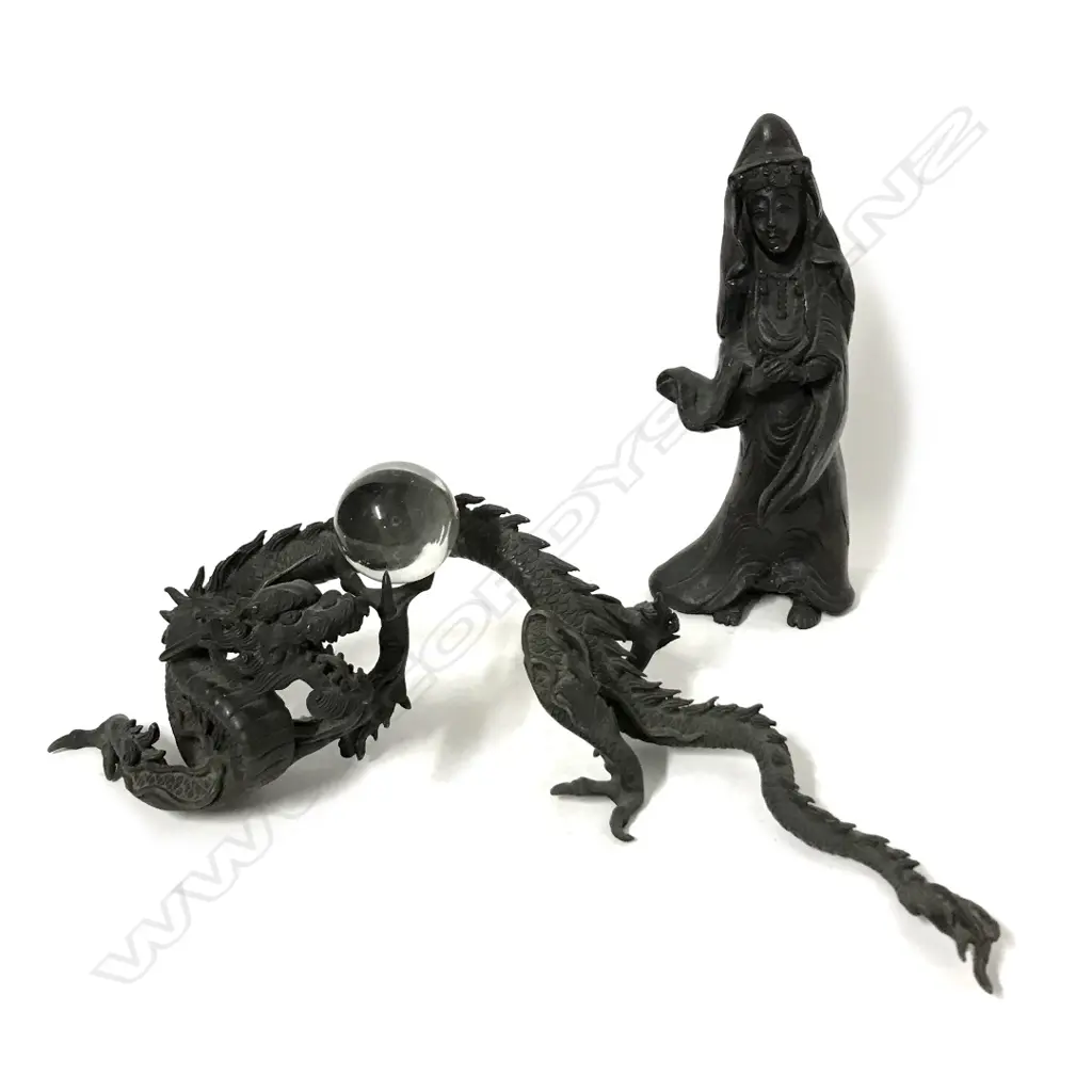 An ornate bronze Chinese dragon with small crystal ball in one claw Image 1++