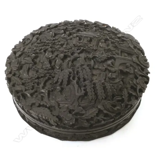 A 19thC finely carved tortoiseshell Chinese circular table snuff box