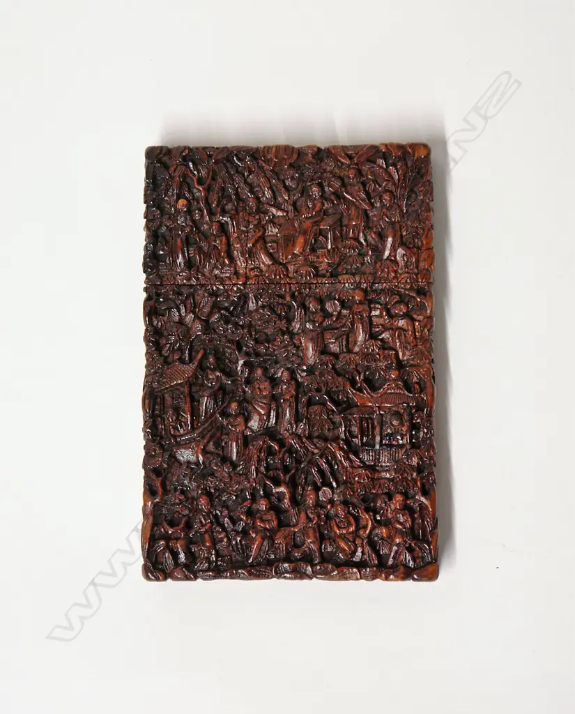 A 19thC finely carved wood Chinese card case Image 1++